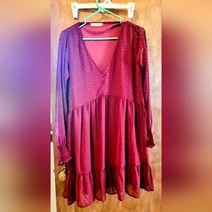 Magnolia Boutique loose fit burgandy chiffon overlay long sleeve dress size L